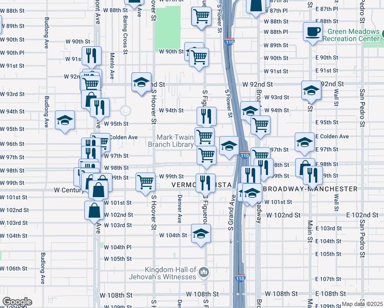 map of restaurants, bars, coffee shops, grocery stores, and more near 534 West 97th Street in Los Angeles