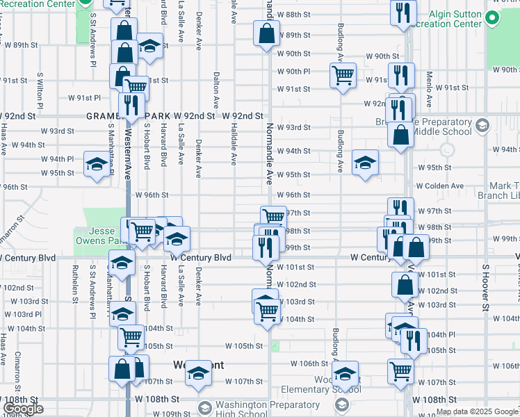 map of restaurants, bars, coffee shops, grocery stores, and more near 9617 Normandie Avenue in Los Angeles