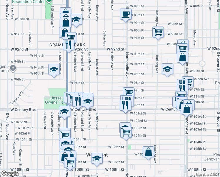map of restaurants, bars, coffee shops, grocery stores, and more near 1525 West 97th Street in Los Angeles