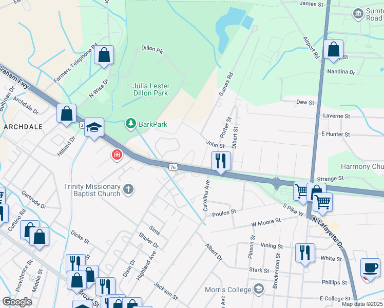 map of restaurants, bars, coffee shops, grocery stores, and more near 245 North Pike West in Sumter