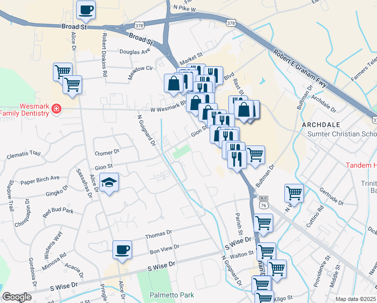 map of restaurants, bars, coffee shops, grocery stores, and more near 804 Jessamine Trail in Sumter