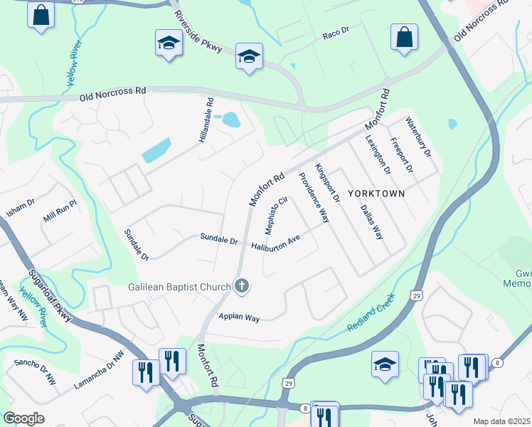 map of restaurants, bars, coffee shops, grocery stores, and more near 464 Mephisto Circle in Lawrenceville