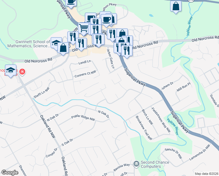 map of restaurants, bars, coffee shops, grocery stores, and more near 1818 Oakland Pointe Northwest in Lawrenceville