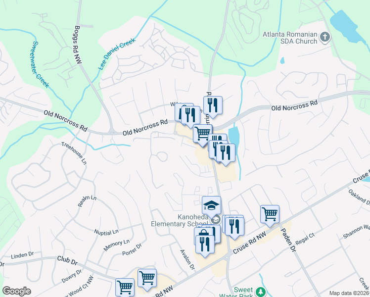 map of restaurants, bars, coffee shops, grocery stores, and more near 2572 Pepper Court Northwest in Lawrenceville
