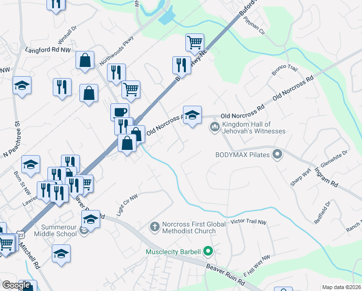 map of restaurants, bars, coffee shops, grocery stores, and more near 2598 Whistle Stop Drive in Norcross