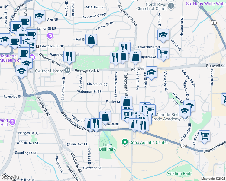 map of restaurants, bars, coffee shops, grocery stores, and more near 493 Waterman Street Southeast in Marietta