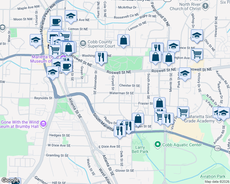 map of restaurants, bars, coffee shops, grocery stores, and more near 32 Emerson Hill Square in Marietta