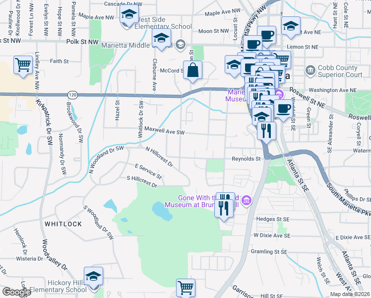 map of restaurants, bars, coffee shops, grocery stores, and more near 169 Northcutt Street Southwest in Marietta