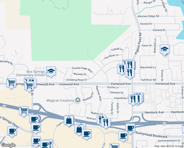 map of restaurants, bars, coffee shops, grocery stores, and more near 22593 Scarlet Sage Way in Moreno Valley