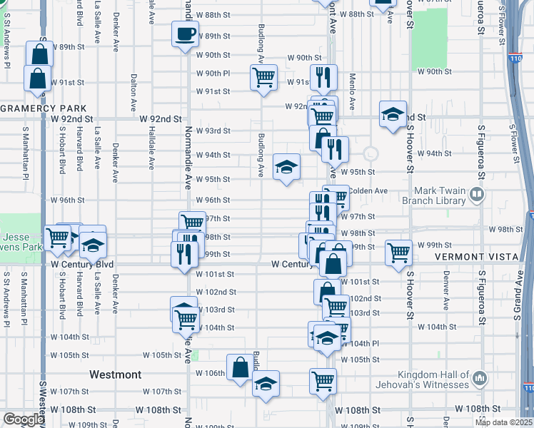 map of restaurants, bars, coffee shops, grocery stores, and more near 1147 West 97th Street in Los Angeles