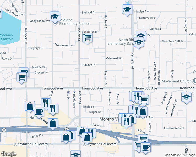 map of restaurants, bars, coffee shops, grocery stores, and more near 11907 Kilgore Street in Moreno Valley