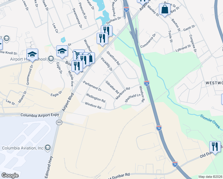 map of restaurants, bars, coffee shops, grocery stores, and more near 2032 Gibraltar Road in Cayce