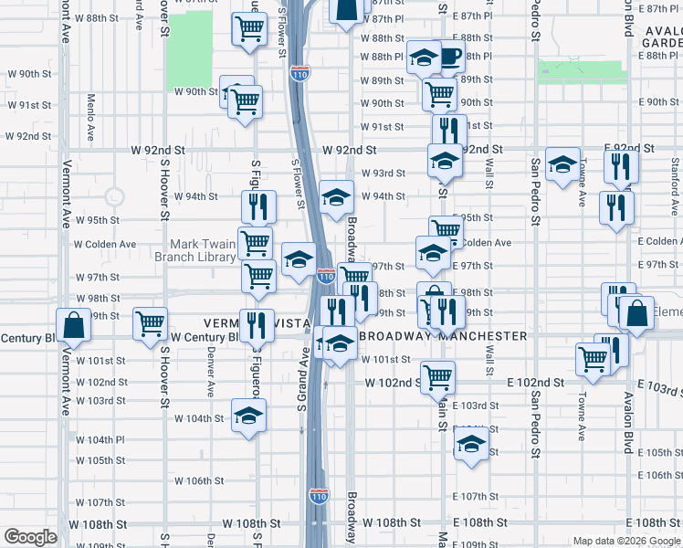 map of restaurants, bars, coffee shops, grocery stores, and more near 9706 South Broadway in Los Angeles