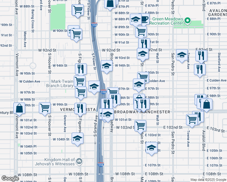 map of restaurants, bars, coffee shops, grocery stores, and more near 9706 South Broadway in Los Angeles