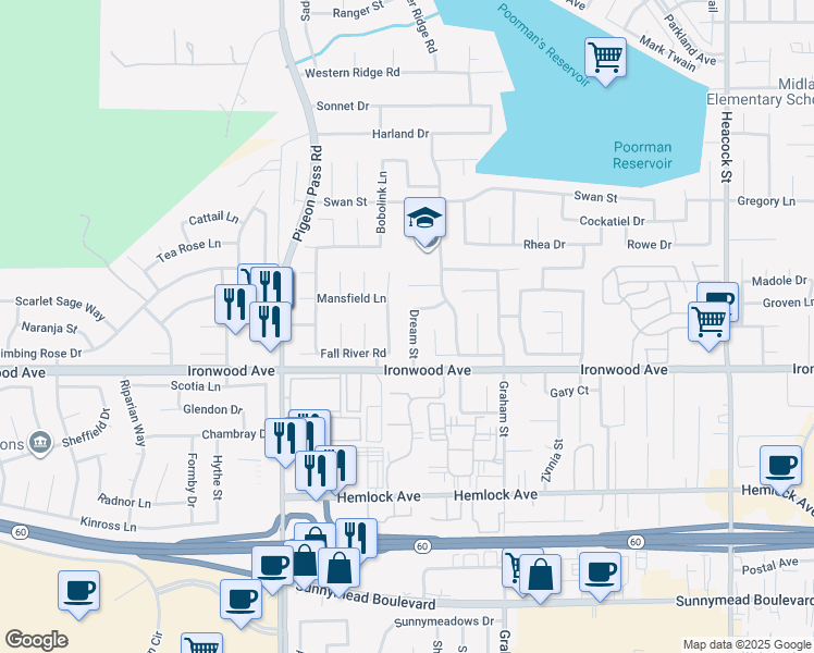 map of restaurants, bars, coffee shops, grocery stores, and more near 11905 Dream Street in Moreno Valley