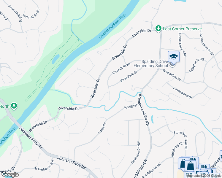 map of restaurants, bars, coffee shops, grocery stores, and more near 170 River Court Parkway in Atlanta