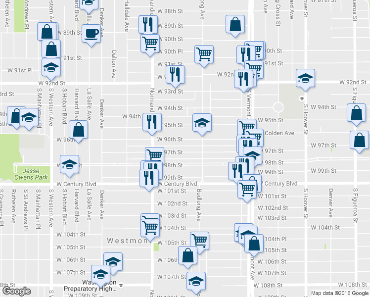 map of restaurants, bars, coffee shops, grocery stores, and more near 1241 West 97th Street in Los Angeles