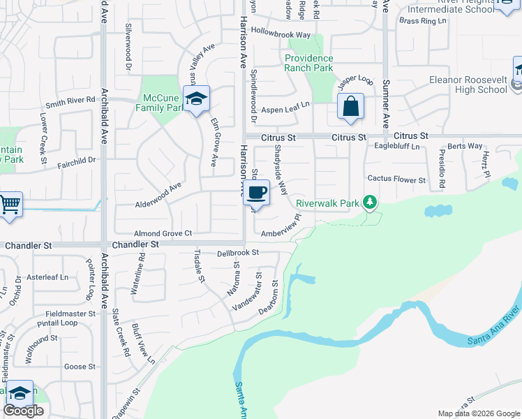 map of restaurants, bars, coffee shops, grocery stores, and more near 13769 Coldwater Court in Corona