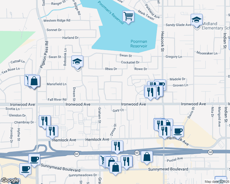 map of restaurants, bars, coffee shops, grocery stores, and more near 23630 Cinnamon Creek Court in Moreno Valley