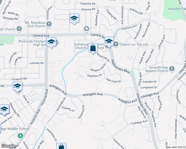 map of restaurants, bars, coffee shops, grocery stores, and more near 2367 Deerhorn Drive in Riverside