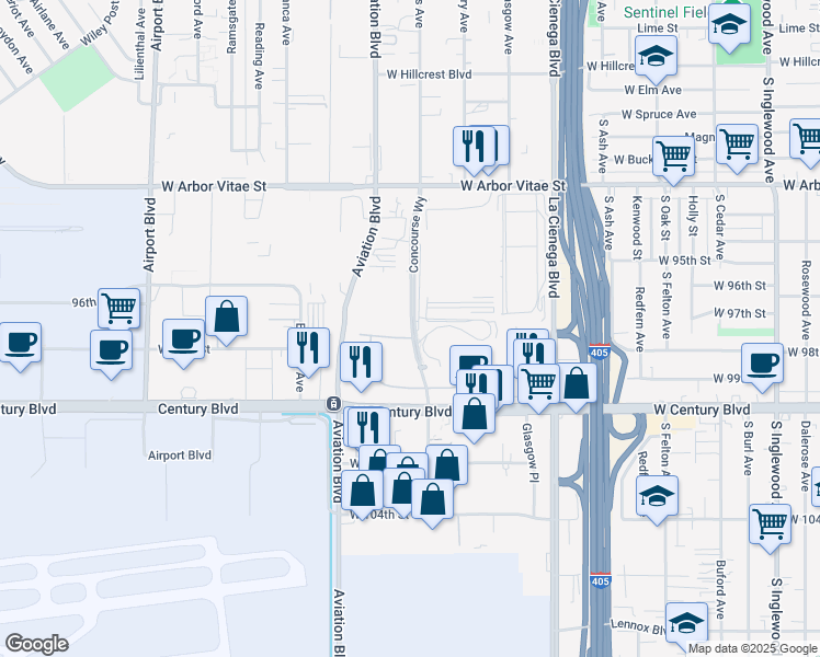 map of restaurants, bars, coffee shops, grocery stores, and more near 5431 West 98th Street in Los Angeles