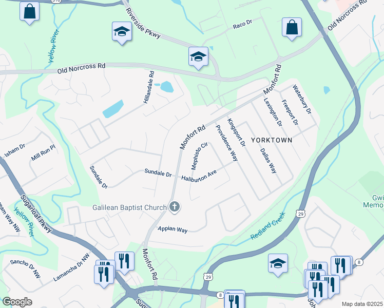 map of restaurants, bars, coffee shops, grocery stores, and more near 464 Mephisto Circle in Lawrenceville