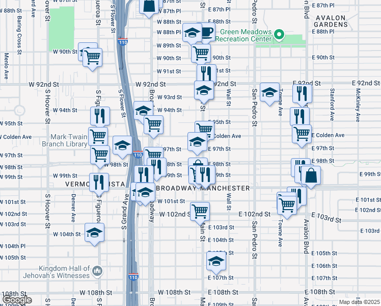 map of restaurants, bars, coffee shops, grocery stores, and more near 124 West 97th Street in Los Angeles