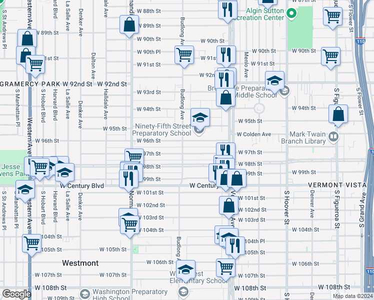 map of restaurants, bars, coffee shops, grocery stores, and more near 1147 West 97th Street in Los Angeles