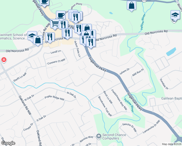 map of restaurants, bars, coffee shops, grocery stores, and more near 1755 Oak Ridge Way Northwest in Lawrenceville