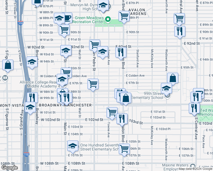 map of restaurants, bars, coffee shops, grocery stores, and more near 356 East 97th Street in Los Angeles