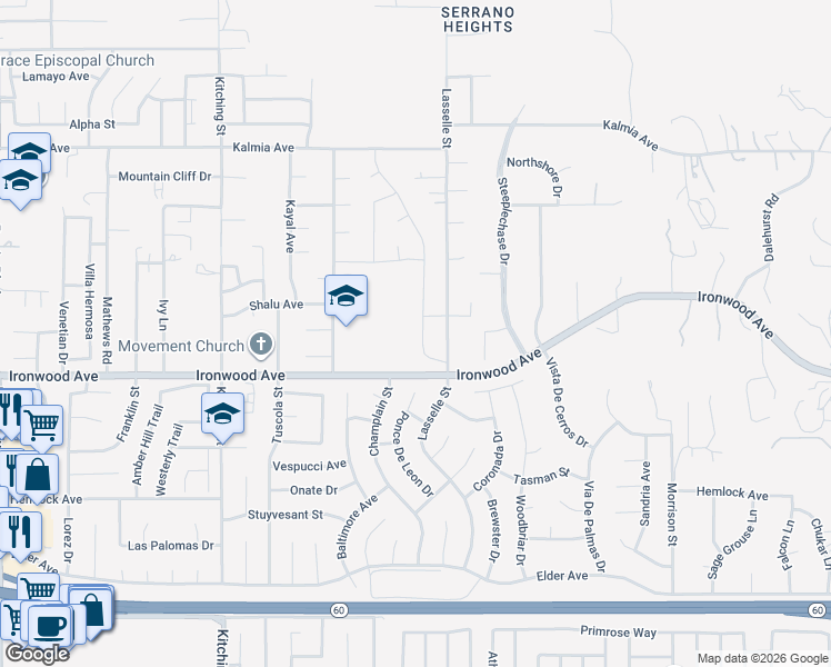map of restaurants, bars, coffee shops, grocery stores, and more near 11855 Rockingham Street in Moreno Valley