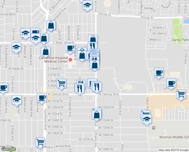 map of restaurants, bars, coffee shops, grocery stores, and more near 1125 Prairie Avenue in Inglewood