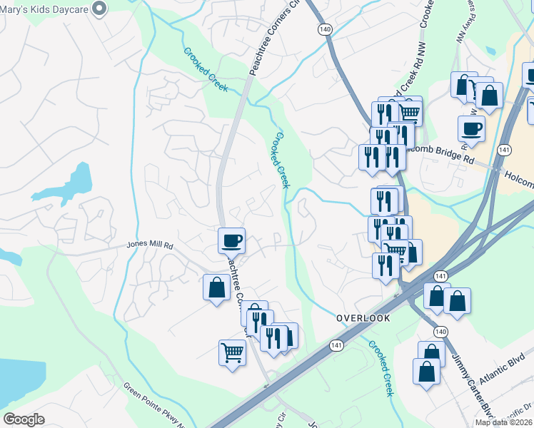 map of restaurants, bars, coffee shops, grocery stores, and more near 318 Glenleaf Drive in Norcross