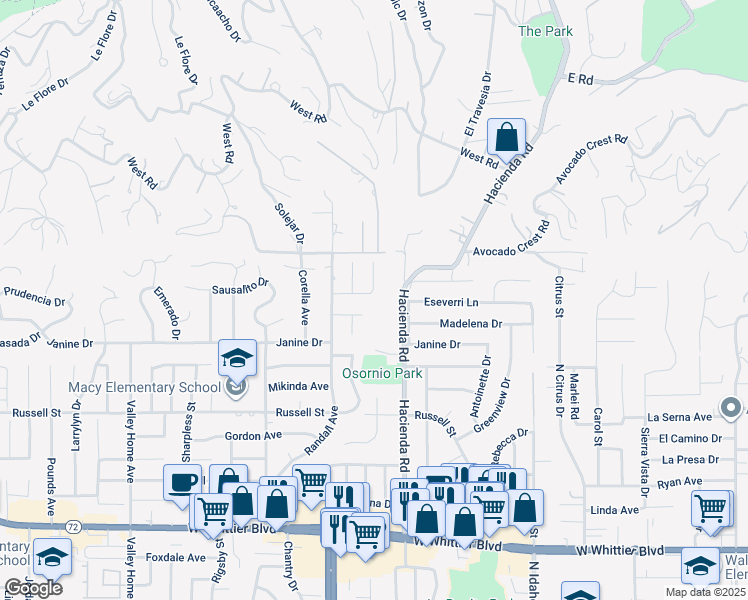 map of restaurants, bars, coffee shops, grocery stores, and more near 17050 Villa Rita Drive in Whittier