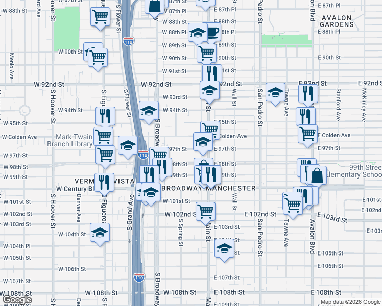 map of restaurants, bars, coffee shops, grocery stores, and more near 136 West 97th Street in Los Angeles