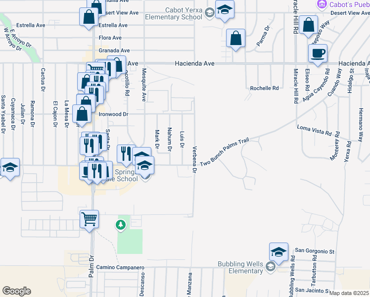 map of restaurants, bars, coffee shops, grocery stores, and more near 13815 Verbena Drive in Desert Hot Springs