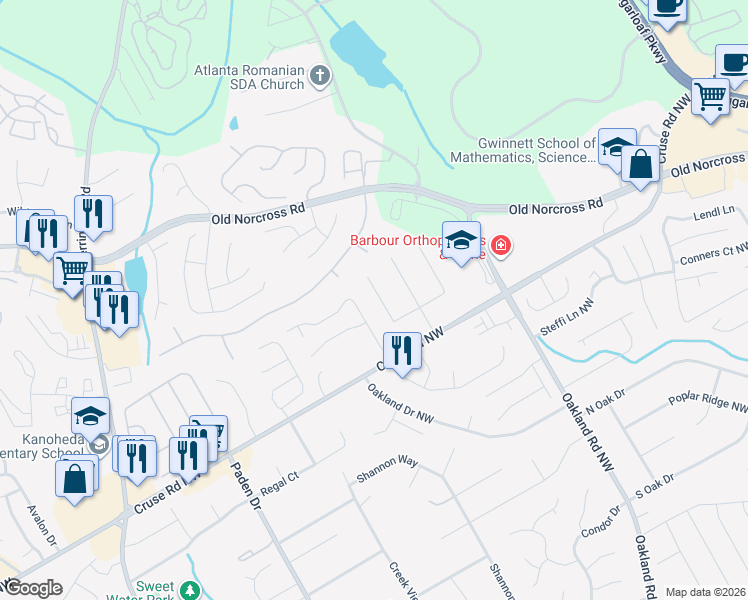 map of restaurants, bars, coffee shops, grocery stores, and more near 799 Terrace Trace in Lawrenceville