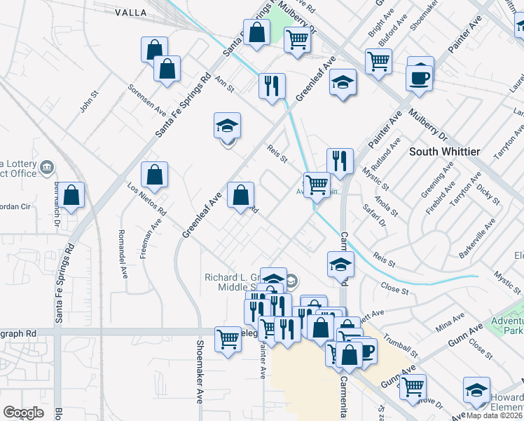 map of restaurants, bars, coffee shops, grocery stores, and more near 13033 Barton Road in Whittier