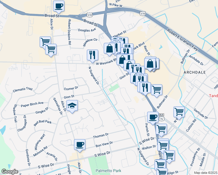 map of restaurants, bars, coffee shops, grocery stores, and more near 2008 Gion Street in Sumter