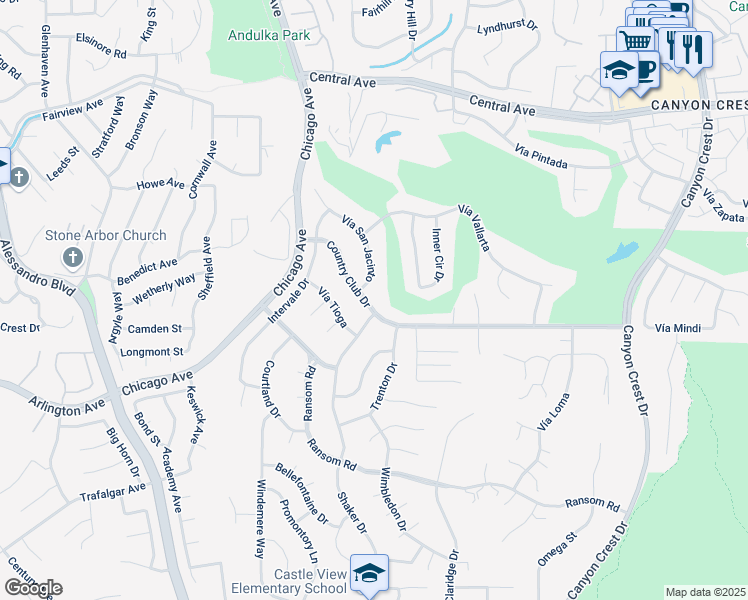 map of restaurants, bars, coffee shops, grocery stores, and more near 1505 Country Club Drive in Riverside