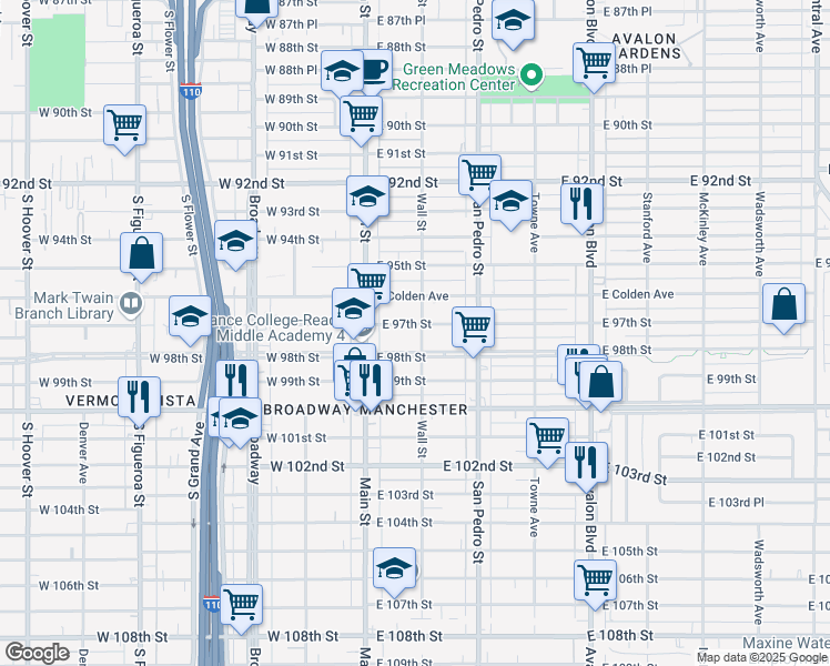 map of restaurants, bars, coffee shops, grocery stores, and more near 150 East 97th Street in Los Angeles