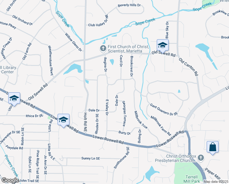 map of restaurants, bars, coffee shops, grocery stores, and more near 2801 Dale Drive in Marietta