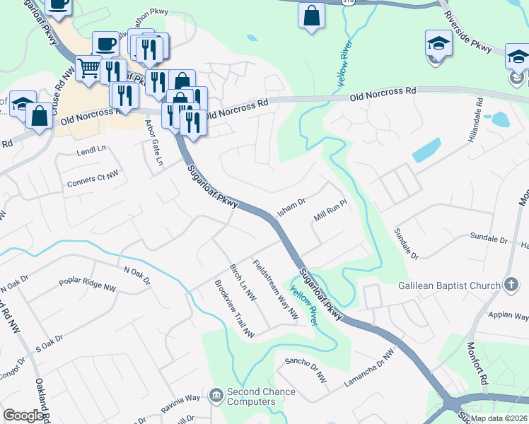 map of restaurants, bars, coffee shops, grocery stores, and more near 3 Sugarloaf Parkway in Lawrenceville