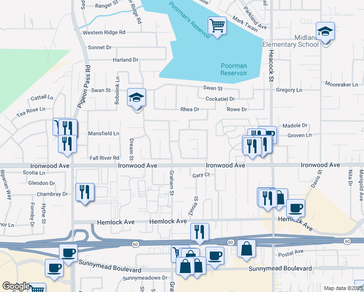 map of restaurants, bars, coffee shops, grocery stores, and more near 11890 Wild Flax Ln in Moreno Valley
