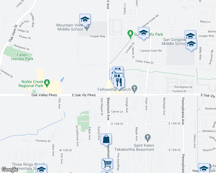 map of restaurants, bars, coffee shops, grocery stores, and more near 6309 Beaumont Avenue in Beaumont