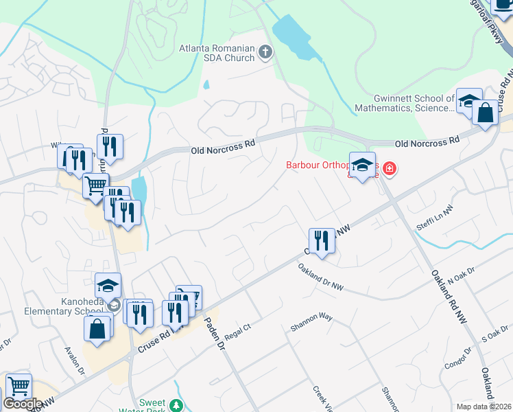 map of restaurants, bars, coffee shops, grocery stores, and more near 2460 Waterford Park Drive in Lawrenceville