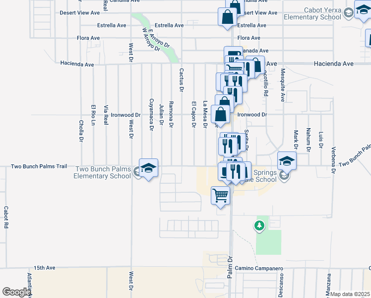 map of restaurants, bars, coffee shops, grocery stores, and more near 13834 Cactus Drive in Desert Hot Springs