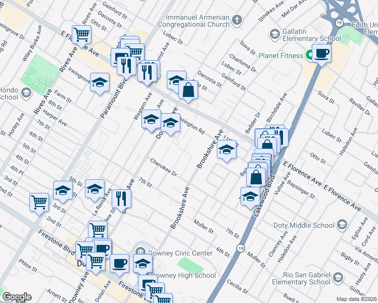 map of restaurants, bars, coffee shops, grocery stores, and more near 8413 Bigby Avenue in Downey