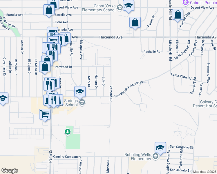 map of restaurants, bars, coffee shops, grocery stores, and more near 13815 Verbena Drive in Desert Hot Springs