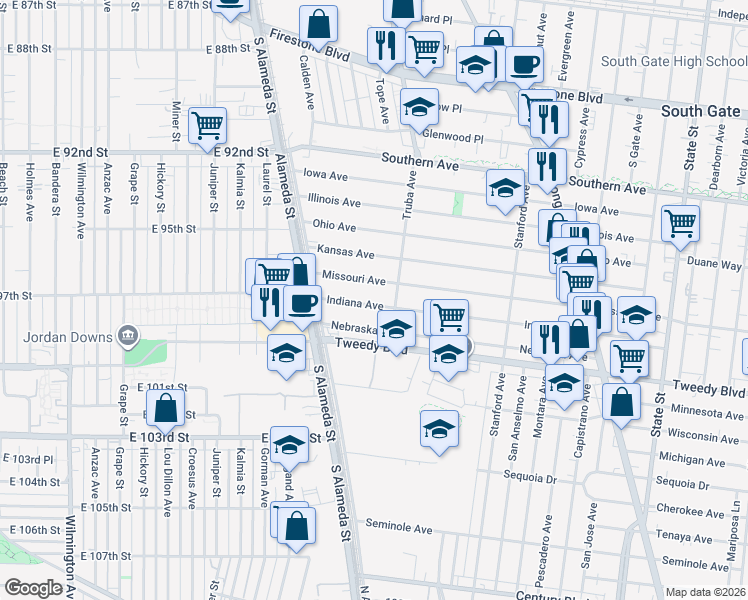 map of restaurants, bars, coffee shops, grocery stores, and more near 2561 Indiana Avenue in South Gate